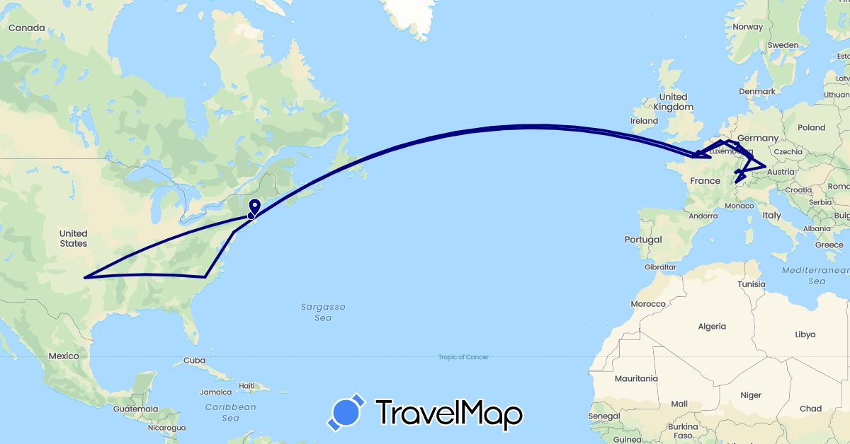 TravelMap itinerary: driving in Belgium, Switzerland, Germany, France, Netherlands, United States (Europe, North America)